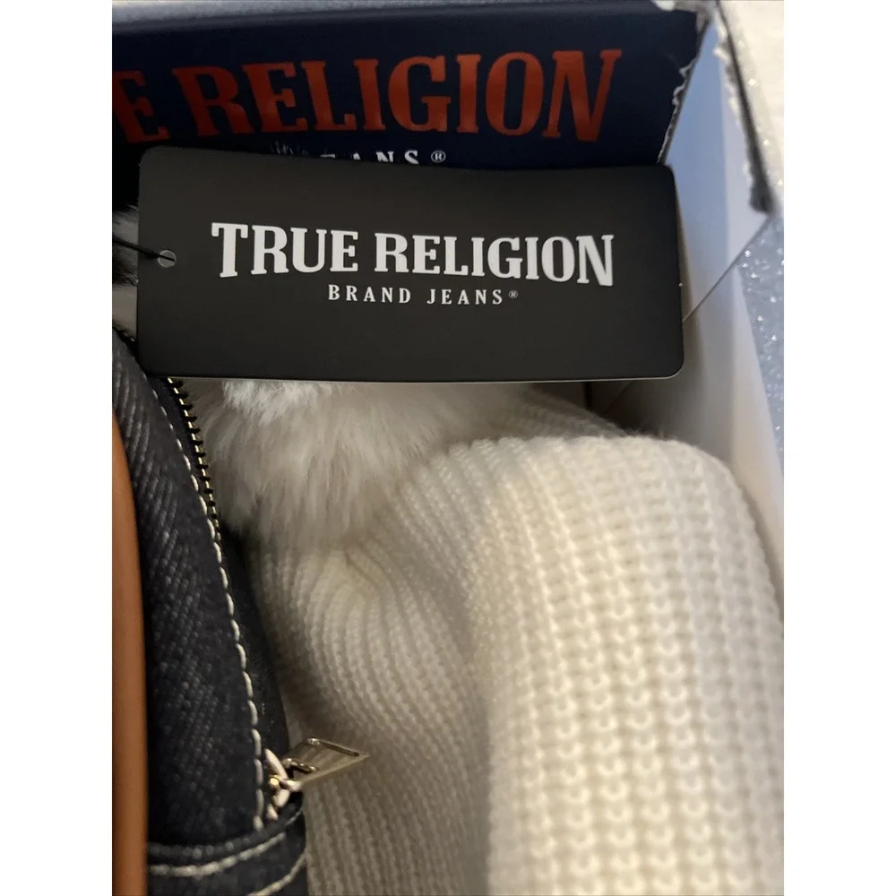 True Religion Denim Jeans Backpack And Pom Pom Hat Gift Set New In Box